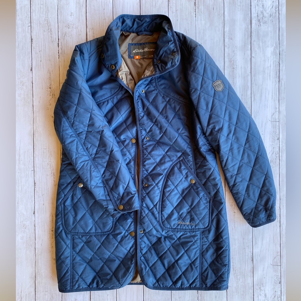 Eddie Bauer fall coat.  Blue with tan inside. Snap closures.  Size: PM